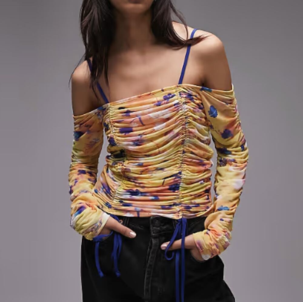 New TOPSHOP NORDSTROM Mesh Printed Long Sleeve Ruched Bardot Top Size 12